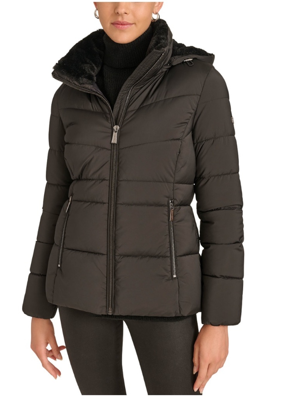 Calvin Klein Black Quilted Puffer Jacket with Faux-Fur Lined Hood